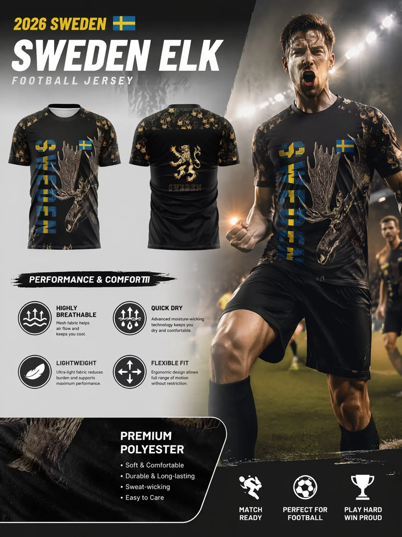 2026 Sweden Moose Soccer Jersey, Gold Print, Royal Lion Emblem, Vintage Flowers, Throwback Jersey, Unisex Adult, Breathable, Lightweight, Patriotic Gift, Lightweight Football Jersey