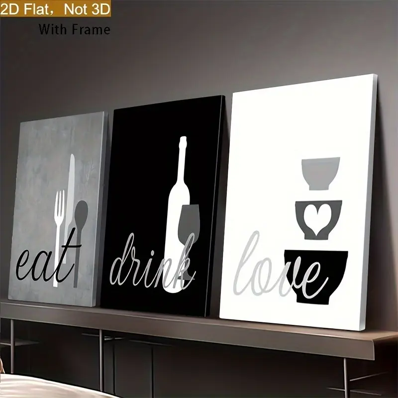3-piece set of modern-style "The Joy of Eating and Drinking" kitchen wall decor paintings - gray-black-and-white vertical waterproof canvas prints with wooden frames, suitable for home, bedroom, and living room decoration - framed posters - reusable gift