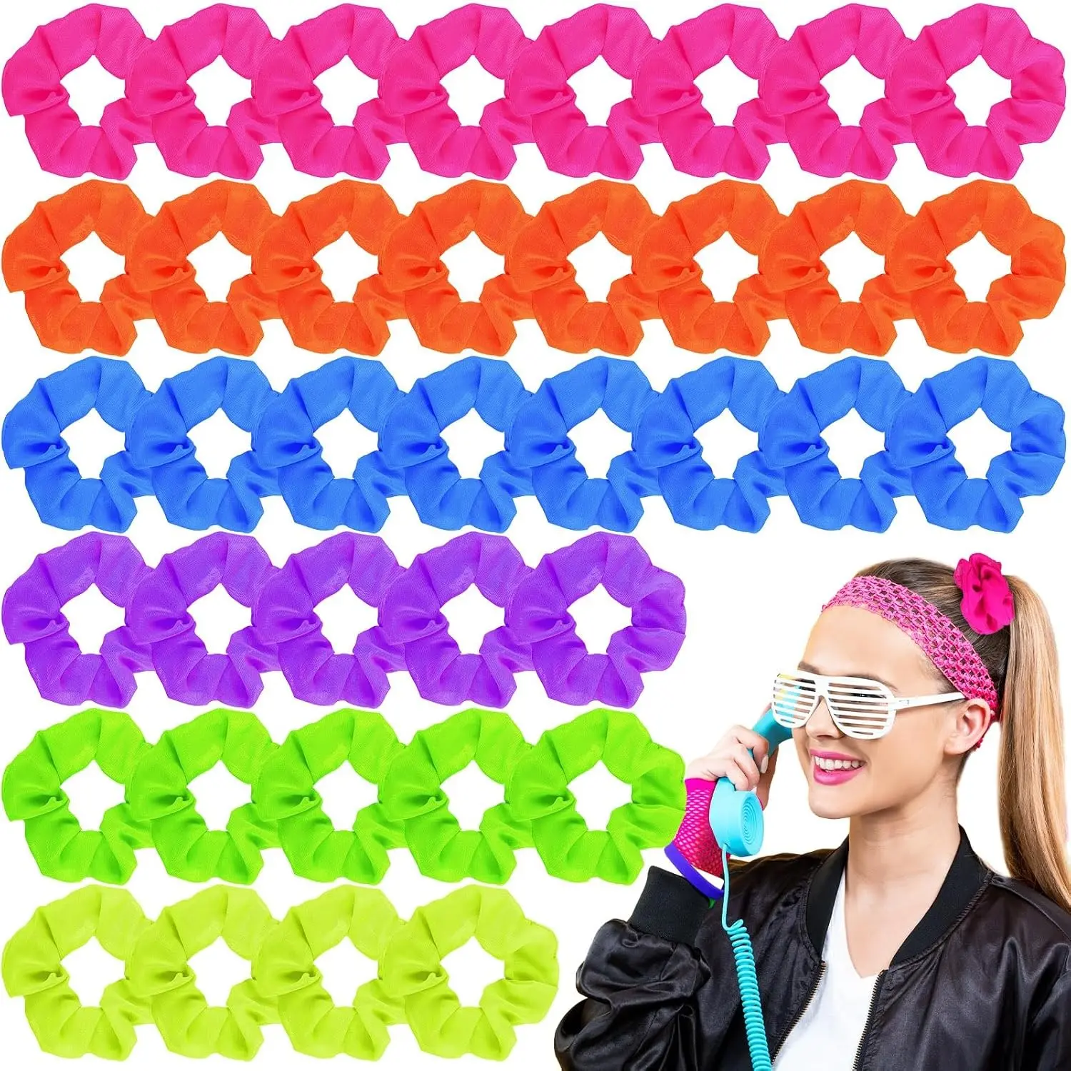 48 Pcs Neon Scrunchies Bulk for 80s Neon Hair Accessories for Women Neons Hair Ties Bright Color 90s Scrunchy Elastic Hairbands Ponytail Bands, Green Orange Purple Blue Yellow Hot PinkGift.