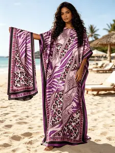 Plus Size Women's Lavender Purple Diagonal Stripe Paisley Print Maxi Kaftan Dress with Matching Headscarf 2 Piece Set, Silky Satin Loose Batwing Beach Cover Up, Loungewear Nightgown Pajama for Resort Pool Home Sleepwear
