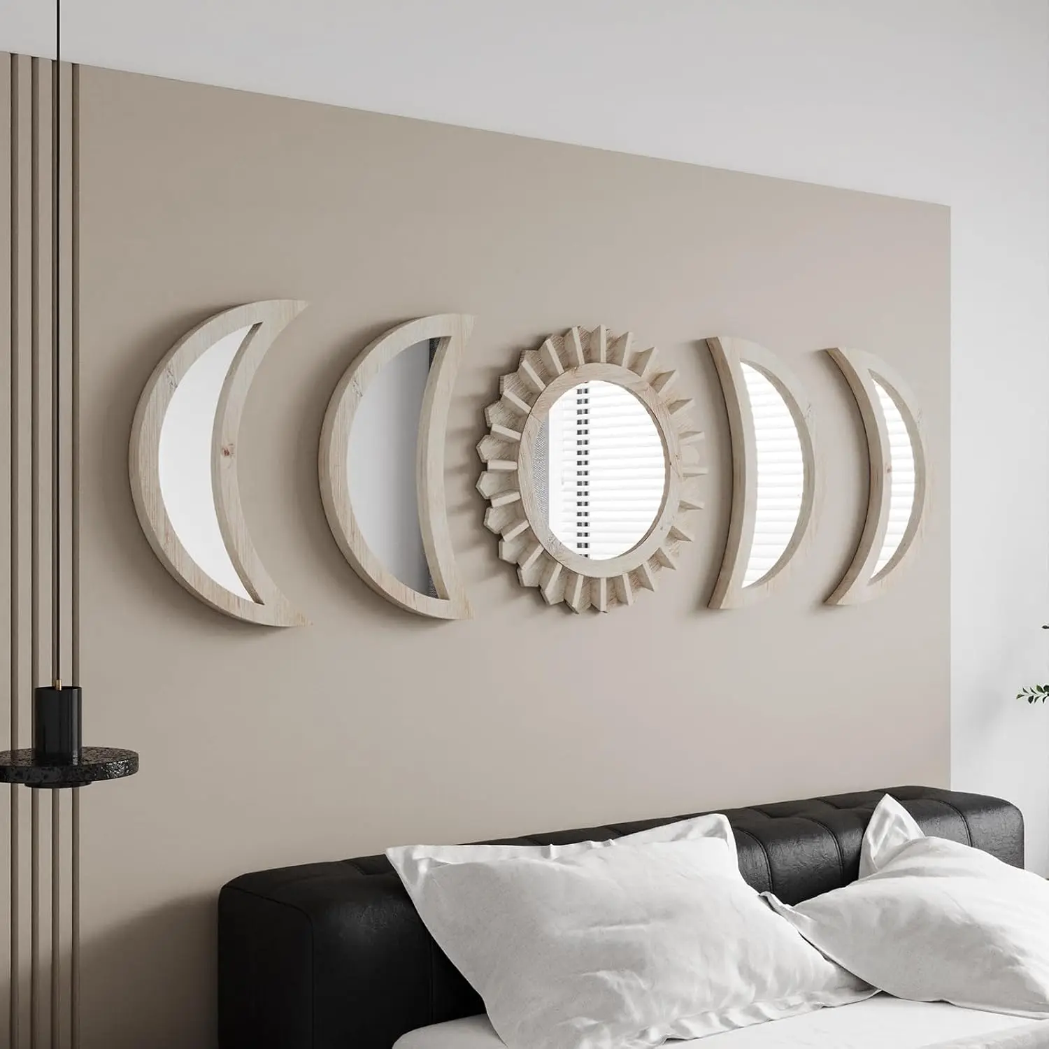 Moon Phase Wall Mirror Set, 5PCS Wooden and Real Glass Mirrors | Bohemian style bedroom decor, crystal clear reflection, for living room apartment,wall hanging