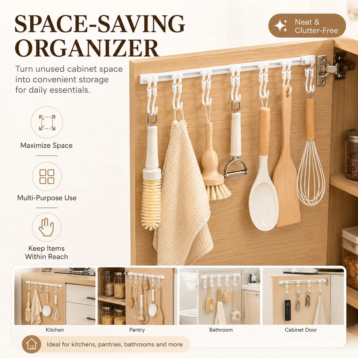 No-Drill Kitchen Utensil Hook Rail with Adjustable Sliding Hooks, Adhesive Wall-Mounted Hanging Rack for Spoons, Spatulas, Towels, Brushes & Tools, Space-Saving Cabinet Door Organizer for Kitchen, Bathroom, Pantry & RV, Easy Install, No Tools Required