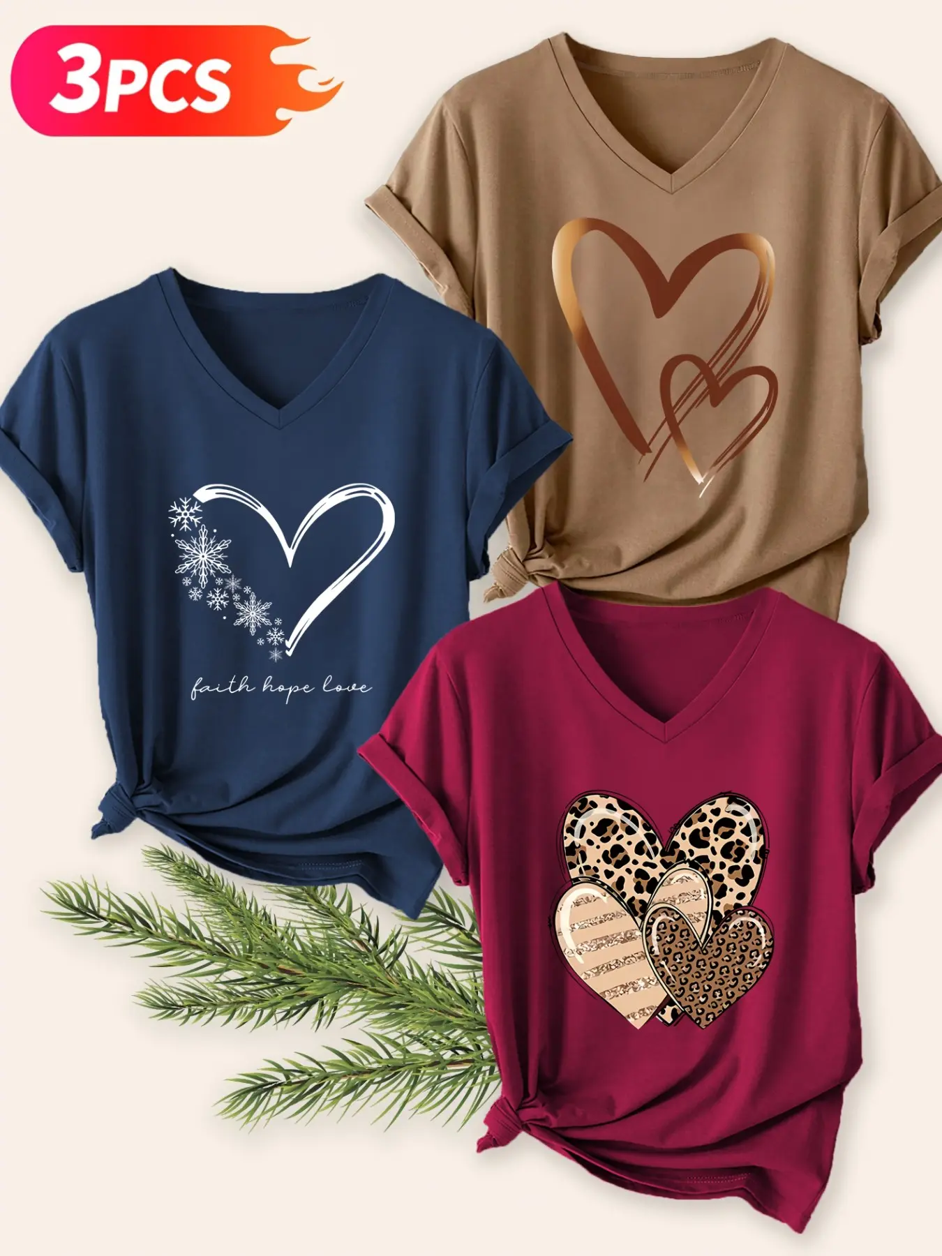 3-Pack Heart Print Short Sleeve T-Shirts, Women's V-Neck Everyday Casual Sportswear, Spring Summer Basic Pullover, Ladies Top, Female Apparel