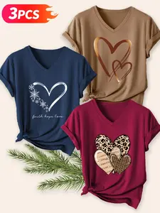 3-Pack Heart Print Short Sleeve T-Shirts, Women's V-Neck Casual Sportswear, Spring Summer Basic Pullover, Ladies Top, Female Apparel