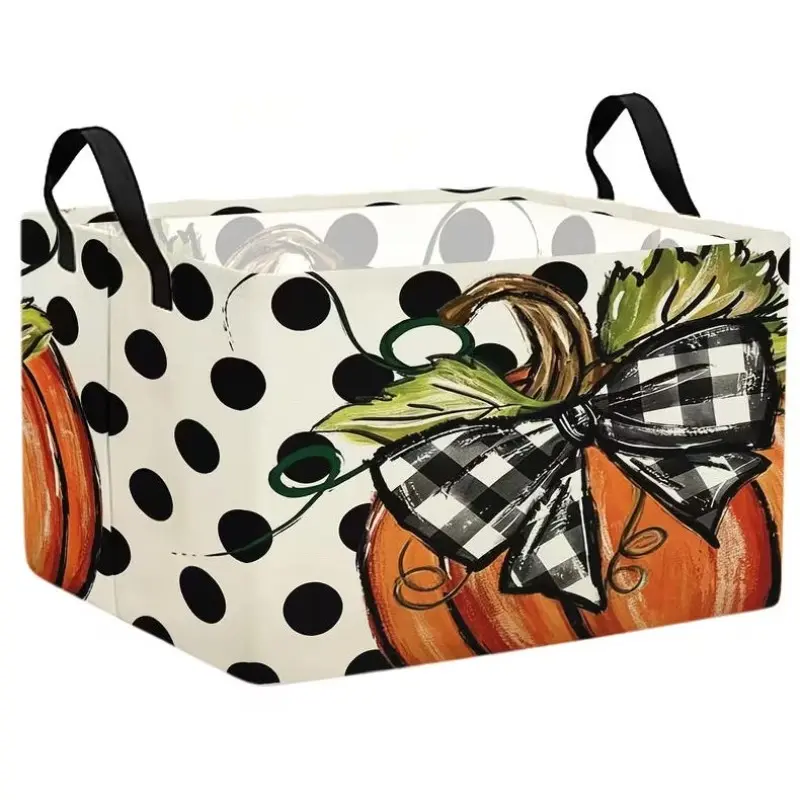 1PC, Canvas Foldable Large Capacity Open Storage Bin with Handle, 1pc Stylish Orange Pumpkin Gingham Bow Design, Multiple Specifications Available, Festive Autumn Storage Basket for Home Organization