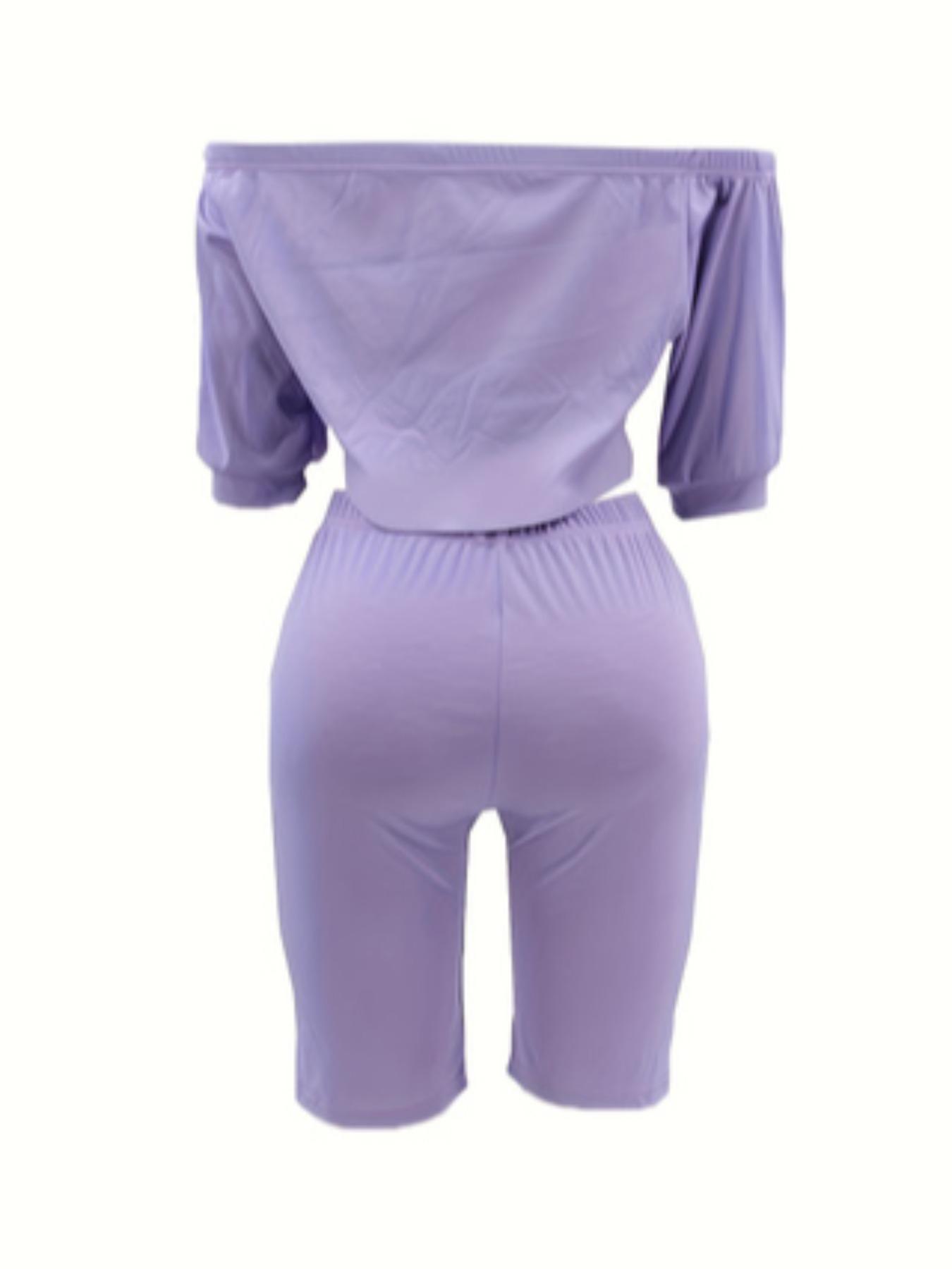 Women's Solid Jersey Ruched Off Shoulder Crop Top & Elastic High Waist Shorts Set, Casual Fashion Half Sleeve Top & Fitted Skinny Shorts, Ladies Summer Clothes