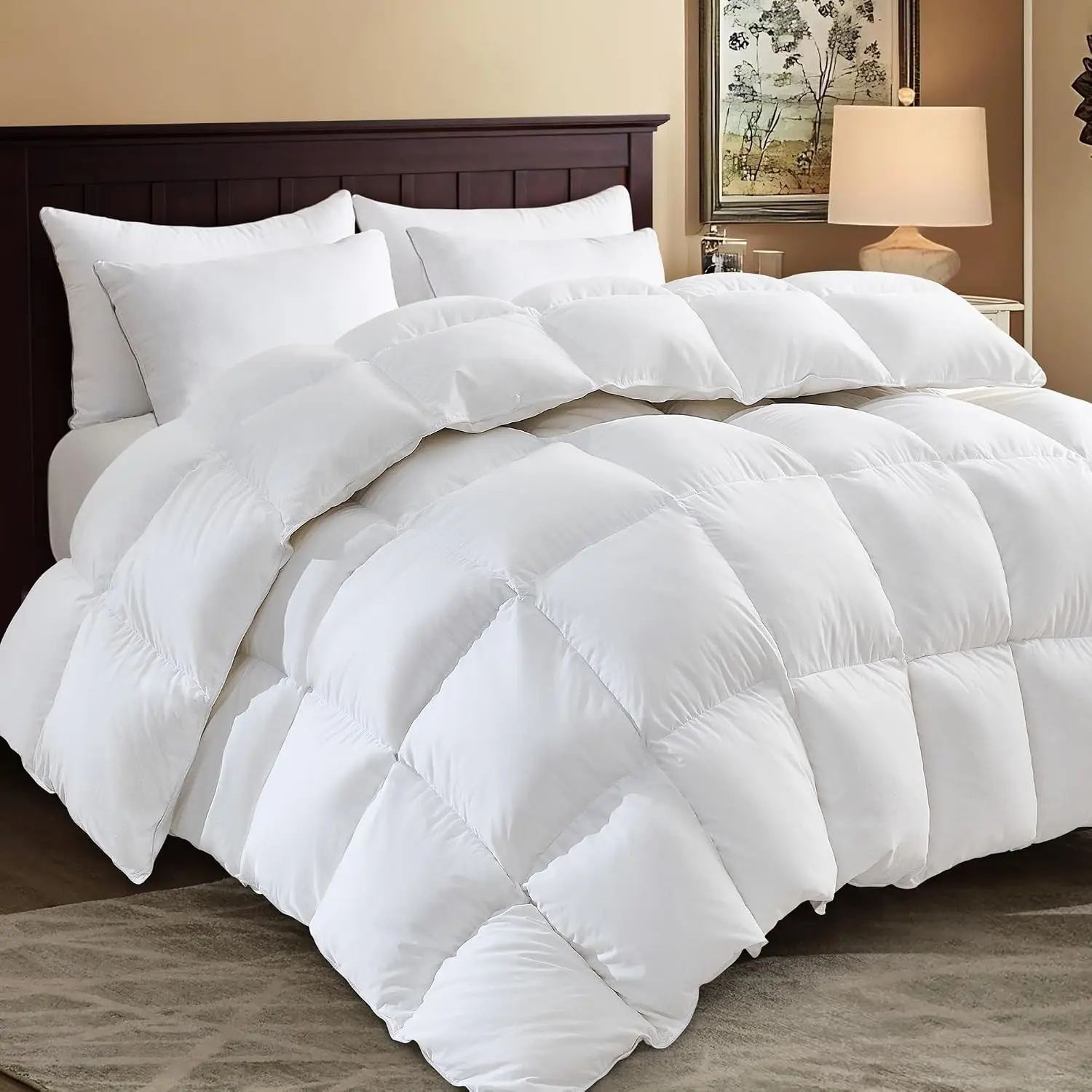 White Luxurious Goose Feather Down Fiber Comforter, All Season Hotel Collection Bed Comforter, Ultra Soft 100% Cotton Duvet Insert with Corner Tabs, Twin Size 68"X90"