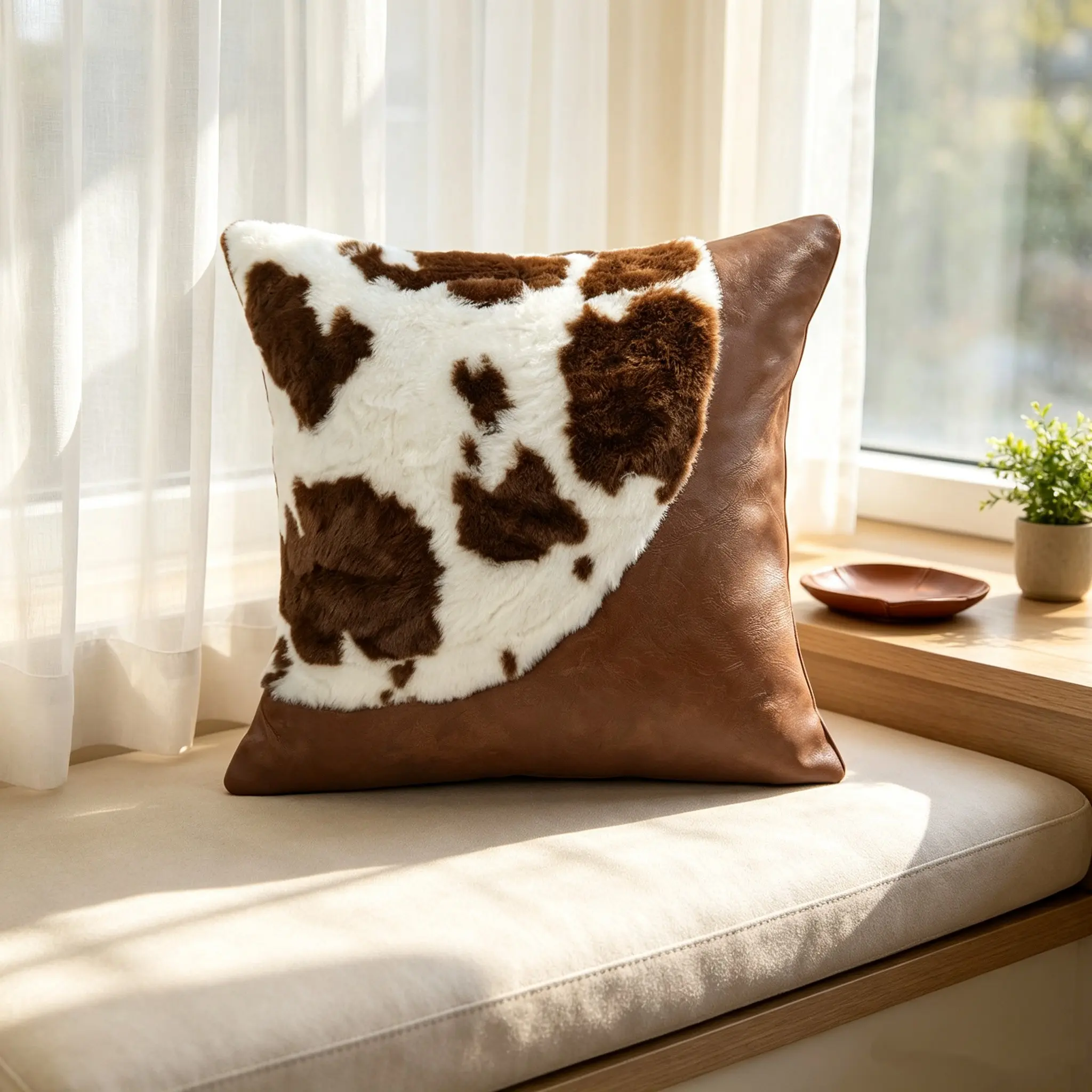 Western Rustic Pillow Cover, Soft Plush Cow Print Patchwork Leather, 18x18 Inches, Vintage Decor for Bedroom Sofa