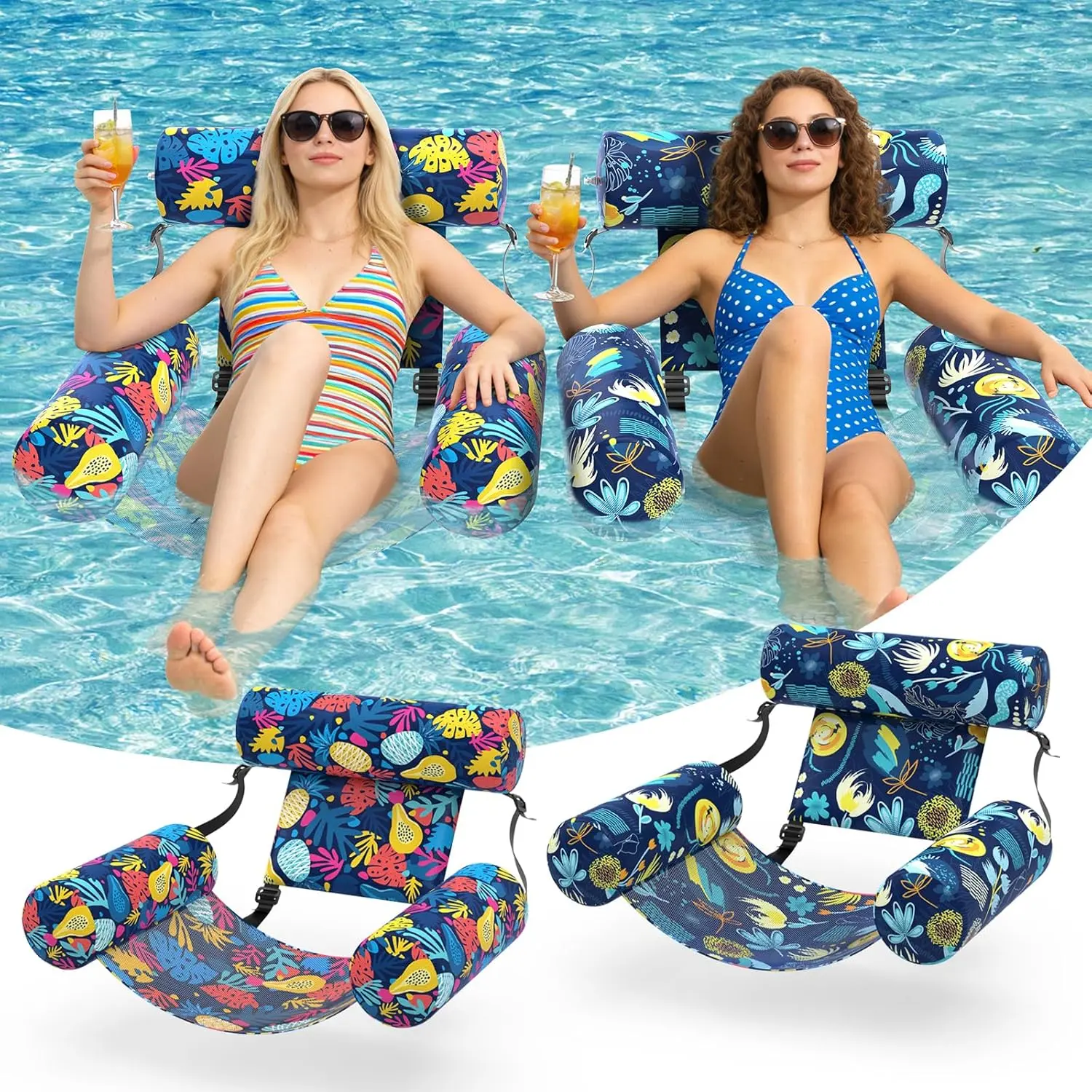 Pool Floats Adult 2 Packs Fabric Heavy Duty Inflatable Pool Chair Hammock, Blow Up Floaties for Adults, Hawaii Flower Floats for Pool Floating, Party Summer Toys Water Beach Lake Fun