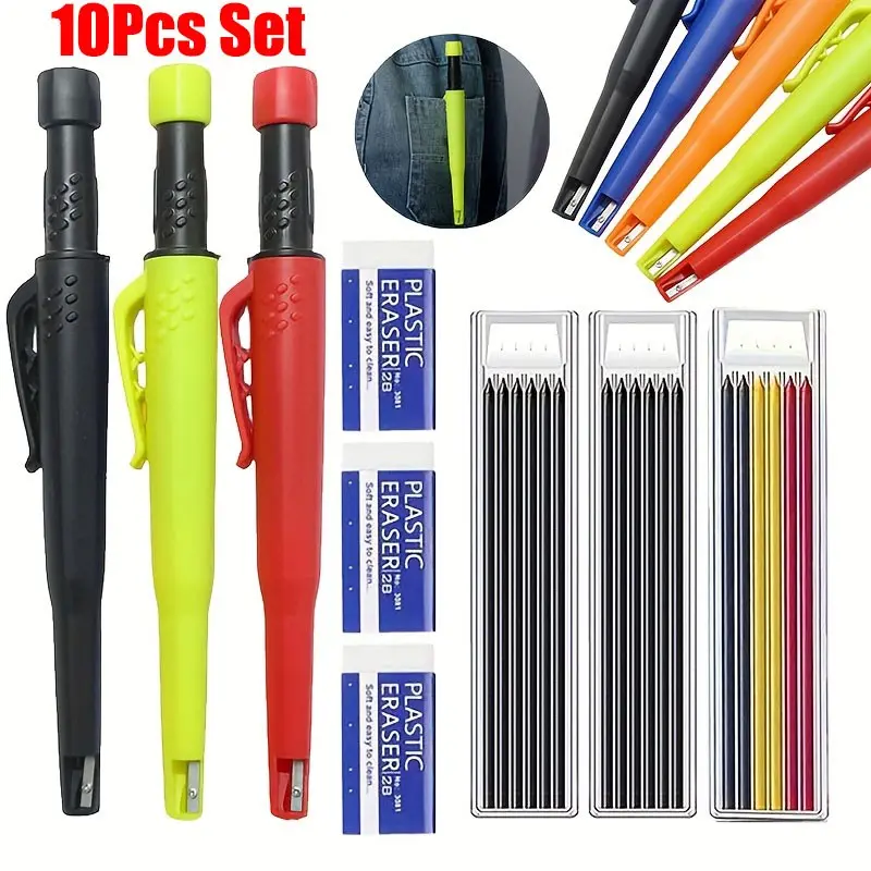 Woodworking Pencil Set 2.8mm Thick Lead, Construction Site Marking Pencils, 3 Pens + Leads + Eraser, Complete Tool Kit