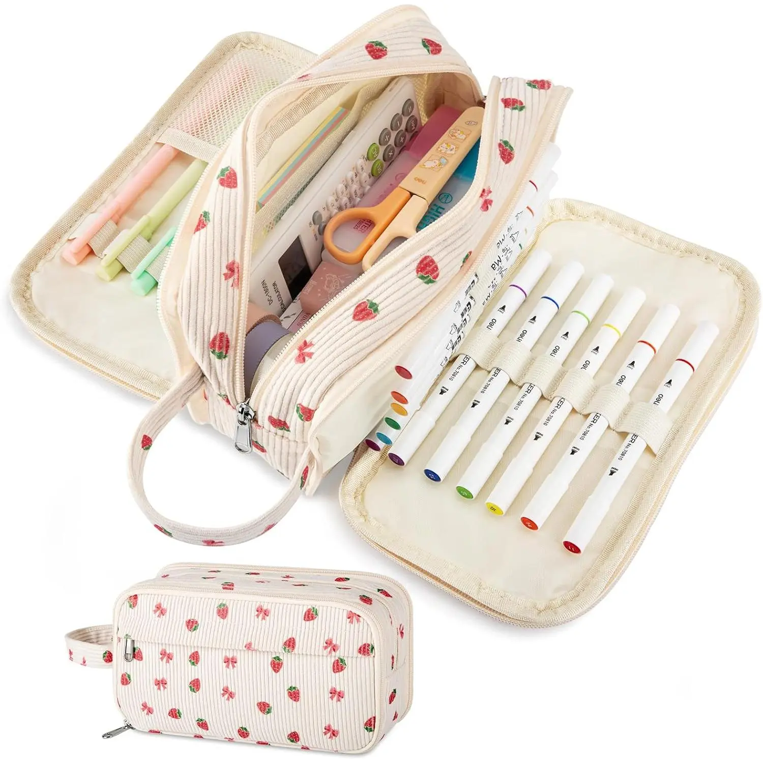 Cute Corduroy Pencil Case with Handle,  4 Compartment Multiple Pockets Aesthetic Pencil Pouch Organizer for Teen Girls, School & College Supplies (Beige Strawberry Bow)