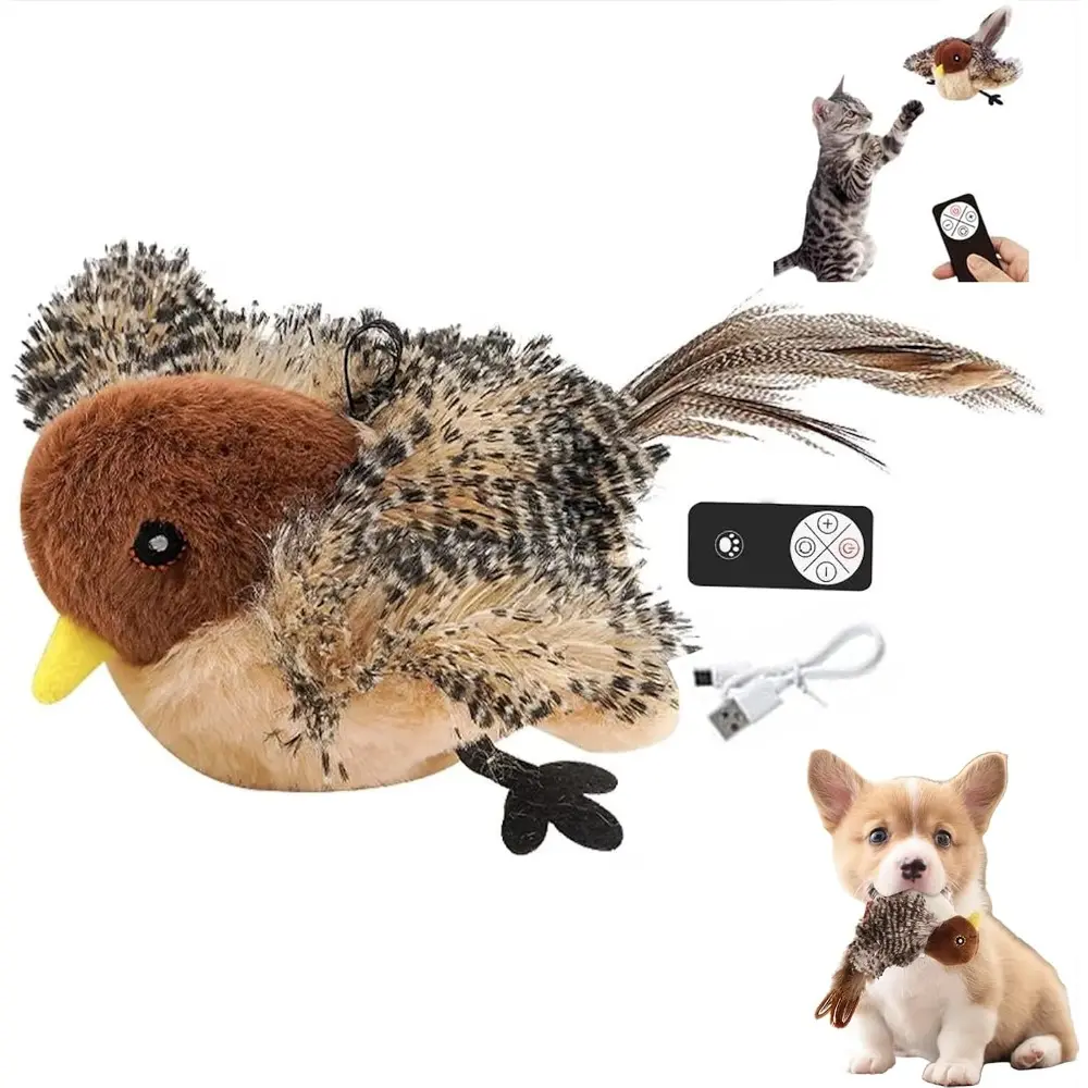 Realistic Cat Toys, Rechargeable Interactive Flappy Bird, Flapping Bird Sparrow, Touch Activated Kitten Toy Cat Exercise Toys, Simulated Chirping Moving Bird Catnip Toys