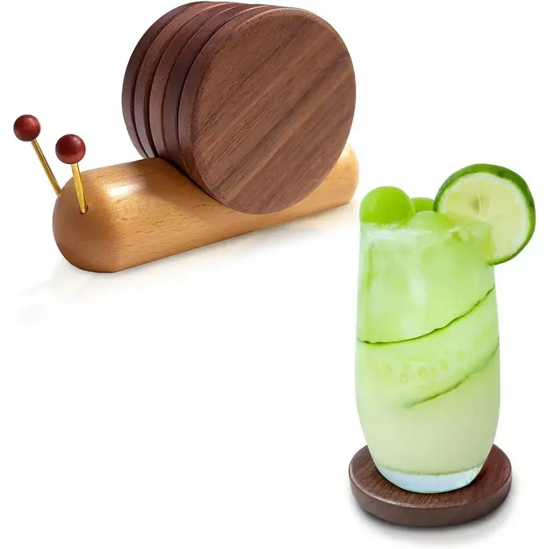 Cute Magnetic Snail Wooden Coaster Set Handmade Walnut Beech Heat Resistant Cup Mats for Home Kitchen Dining Table Afternoon Tea Coffee Bar Living Room Study Desk Farmhouse Party Banquet Housewarming Gift Birthday Present for Tea Lovers Coffee Enthusiasts