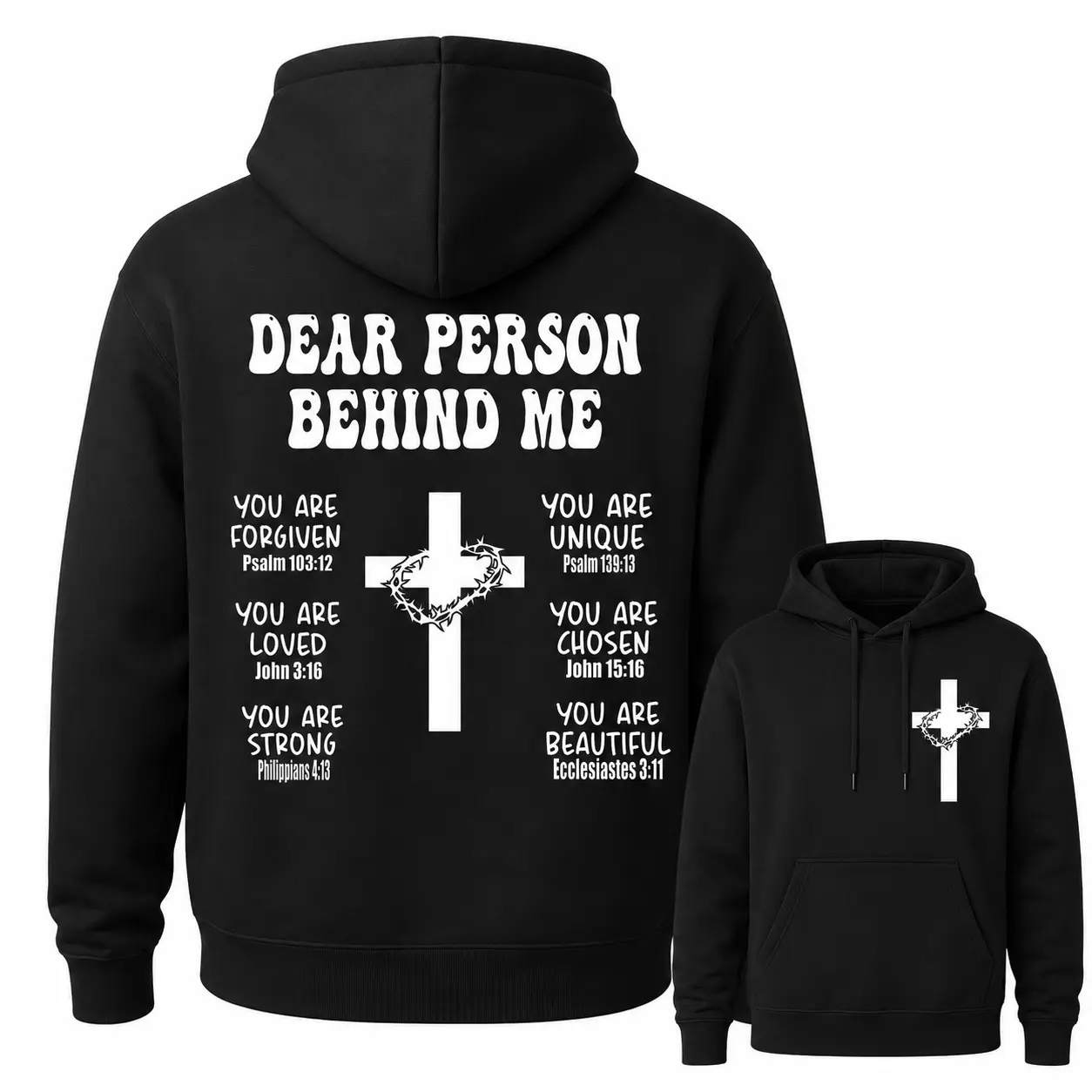 Christian Cross Hoodie Sweatshirt, Bible Verse Inspirational Clothing, Faith Apparel, Religious Belief Trendy Top, Casual Fitted Style, Graphic Print Hoodie