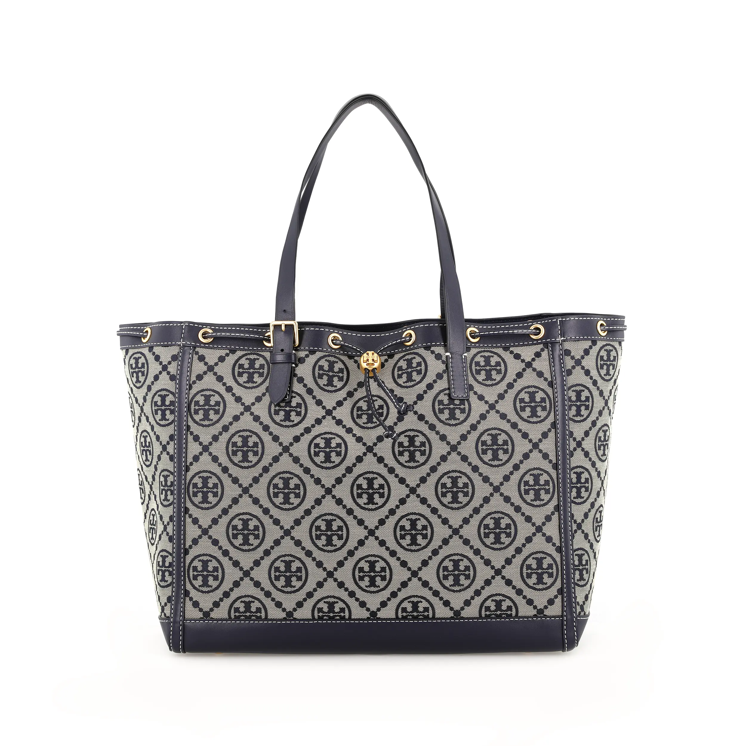 Tory Burch T Monogram Canvas and Leather Tote Bag for Women – Drawstring Bucket Style in Navy Blue