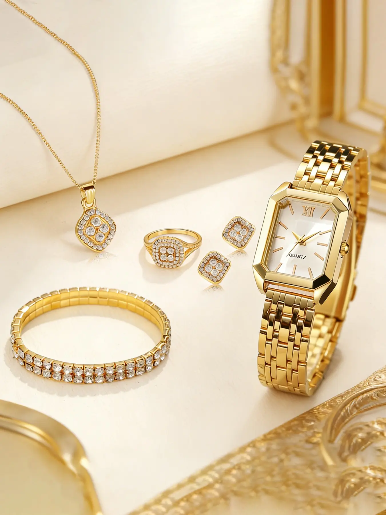 Elegant Quartz Watch Set, Complete Accessories Set, Stainless Steel Band, Analog Dial, Business Style, Perfect Gift for Women, All Seasons Wear