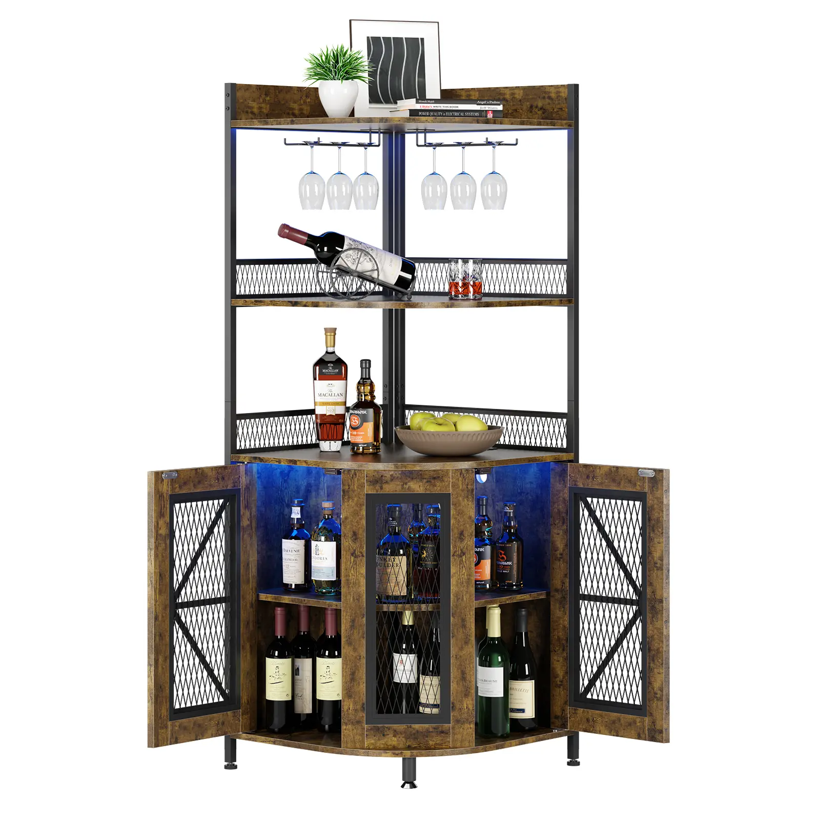 Industrial Corner Bar Cabinet with Power Outlet & LED Light – 5-Tier Wine & Liquor Storage, Display Shelf, Coffee Bar Station – Home Bar, Living Room, Kitchen – Sturdy Wood & Metal Hutch