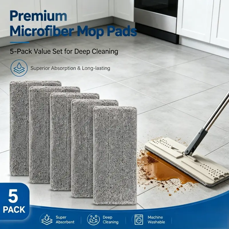 Reusable Microfiber Flat Mop Replacement Pads 5 Pack Strong Water Absorption Durable Washable Mop Cloth For Hardwood Tile Floors