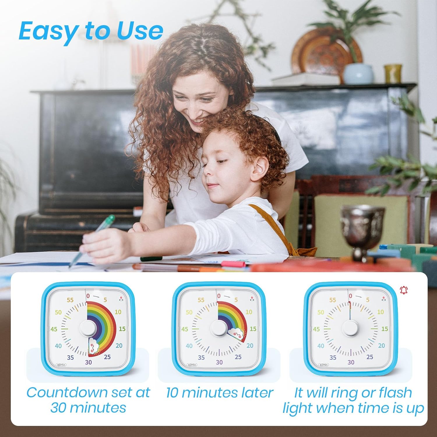 Visual Timer with Protective Case, Rainbow Disk 60 Minute Countdown Timer for  and Adults, Silent Time Management Tool(Blue Rainbow)