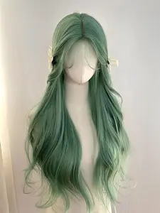 Long Hair Mint Green Wavy Wig with Bangs for Women 26 Inch Middle Part Curly Wavy Wig for Women Natural Looking Synthetic Heat Resistant Fiber Wig for Daily Party Use