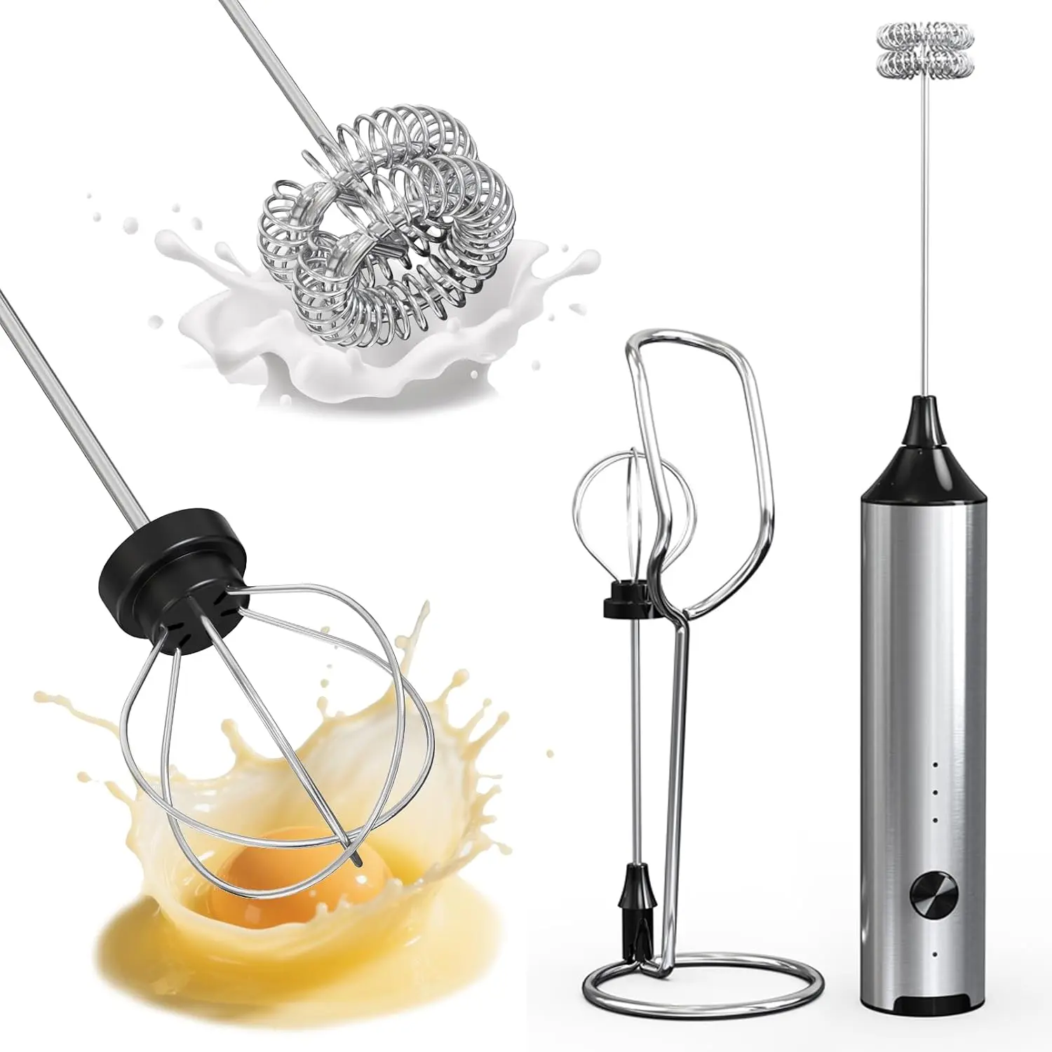 Milk Frother Handheld Foamer with Stainless Steel Stand, 3 Speeds Control, Electric Milk Frother Rechargeable Coffee Whisk, Drink Mixer for Latte, Cappuccino