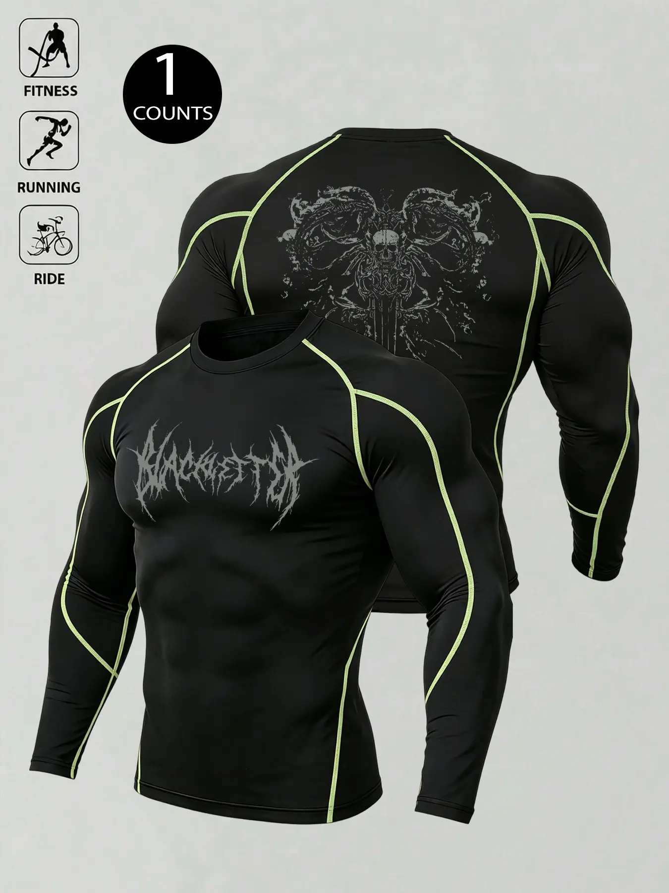 Men’s Gothic Skull Print Slim-Fit Long Sleeve Top, Quick-Dry Breathable Gym Shirt, Athleisure Light Outdoor Training Tee, Versatile One-Piece Outfit Suitable for Fitness, Running, Cycling & Daily Casual Wear, Comfortable Street Trend Graphic Training Base