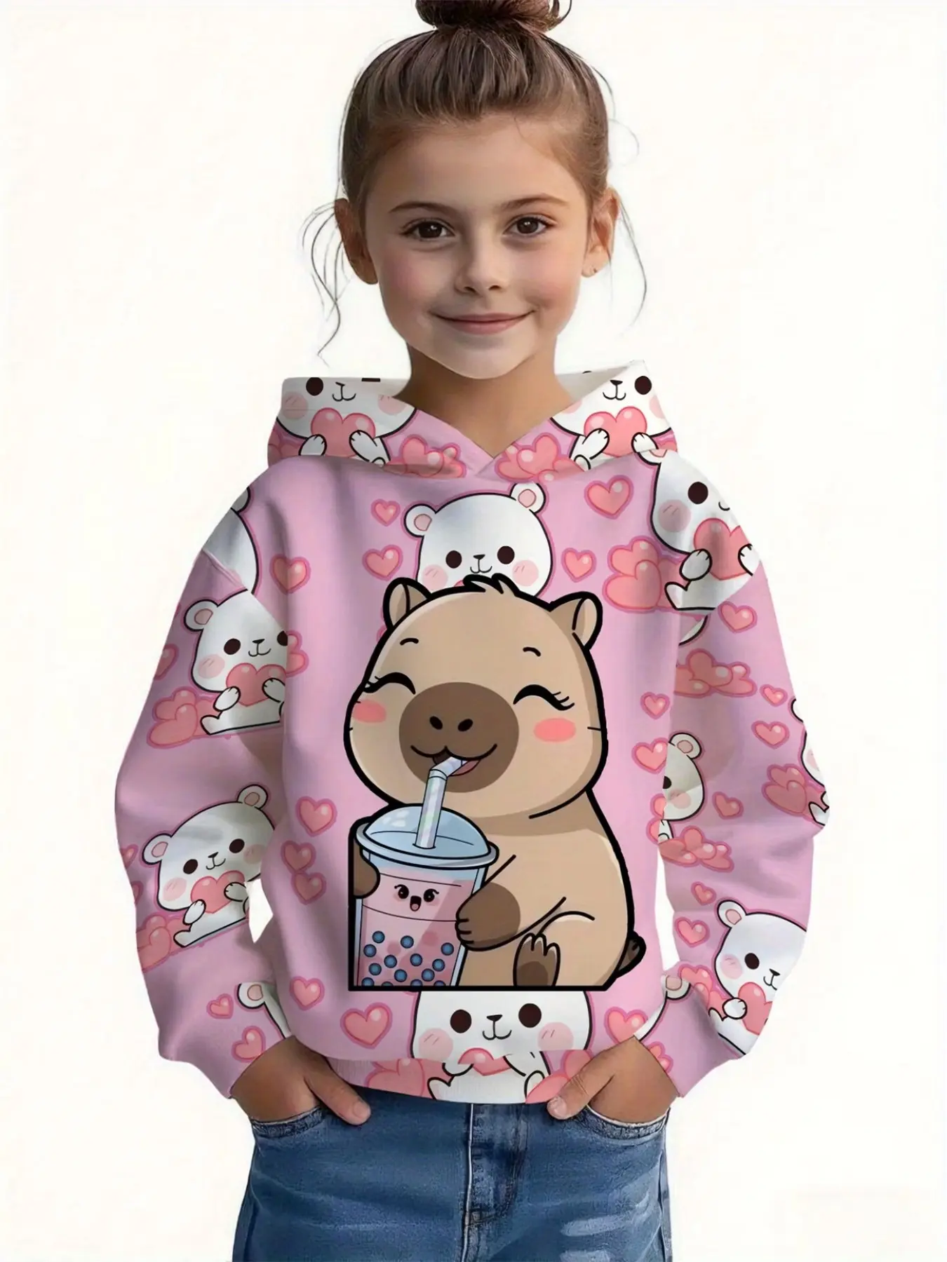Girls' Hooded Sweatshirt, Cute Cartoon Style, Capybara Bear Full Print, Long Sleeve, Loose Fit, Casual Fall, Kids' Outdoor Wear