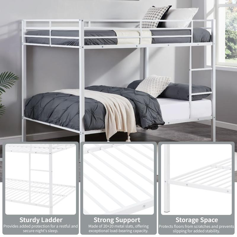 Full Over Full Bunk Bed, Heavy Duty Metal Bunk Bed Frame with Built-in Ladder and Safety Guard Rail, Low Metal Bunk Bed Frame for Kids, No Boxspring Required, For Small Spaces, White