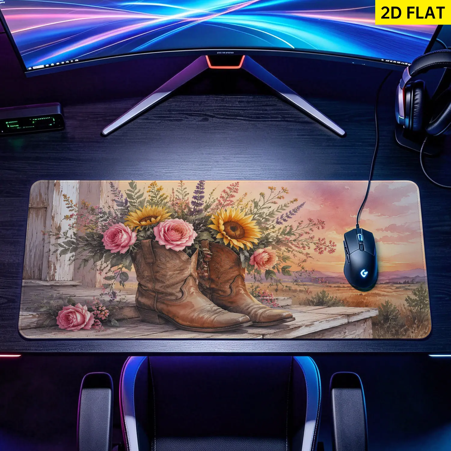 Extra Large western cowboy boots and wildflowers sunset Mouse Pad,Non Slip Rubber Pad,Desktop Decoration Drotection Pad,Washable,Lock Edge Multi Size,Premium Multipurpose Mousepad For Home,Office,Gift for Family and Friends
