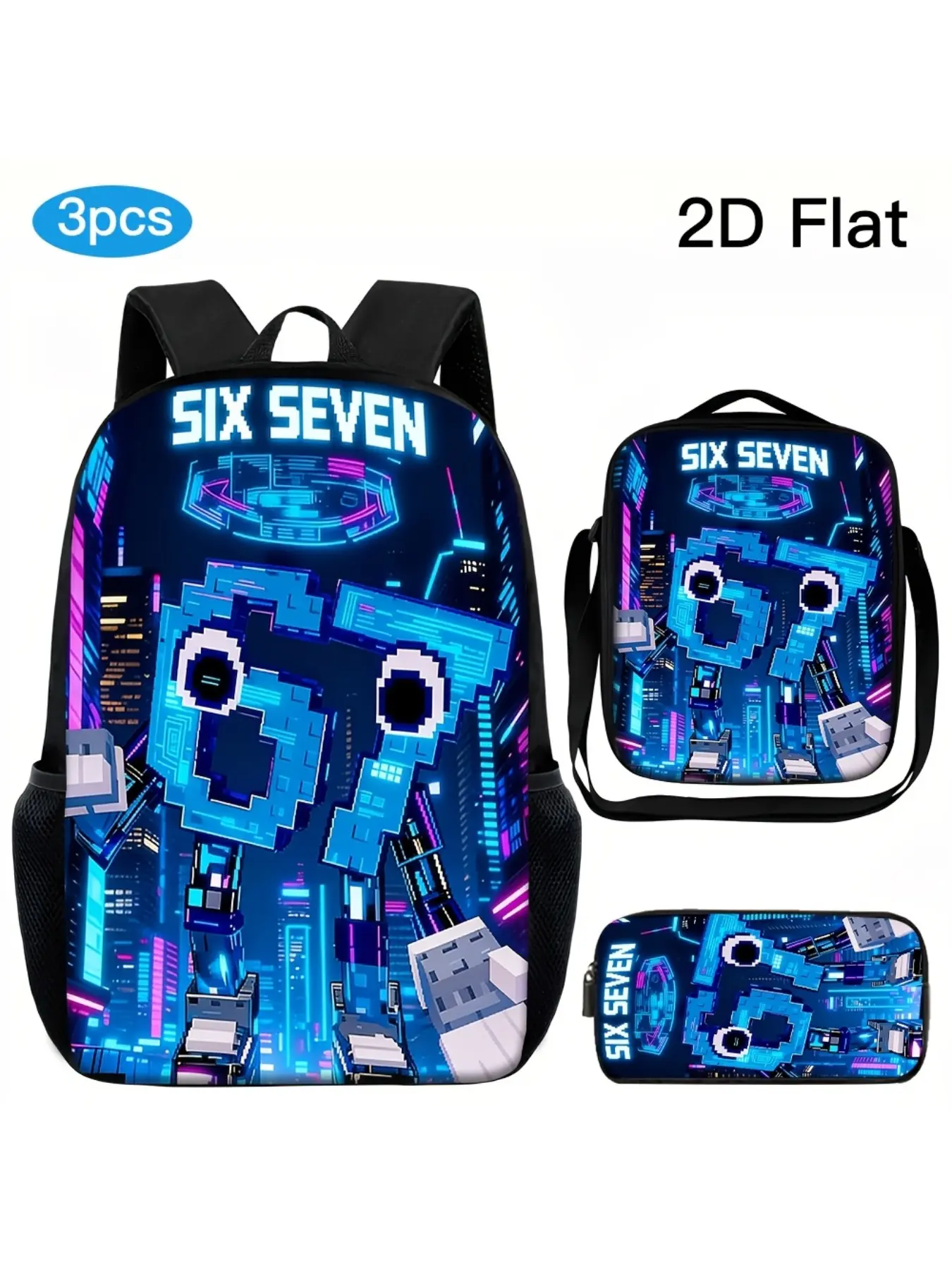3pcs Large Capacity Backpack Set, Geek Bag, Cyberpunk "67" Pixel Robot 2D Print Design, Adjustable Shoulder Straps, Zipper Closure, Includes Backpack, Crossbody Bag, and Pencil Case, Essential for Back-to-School, Camping, Travel, and Outings