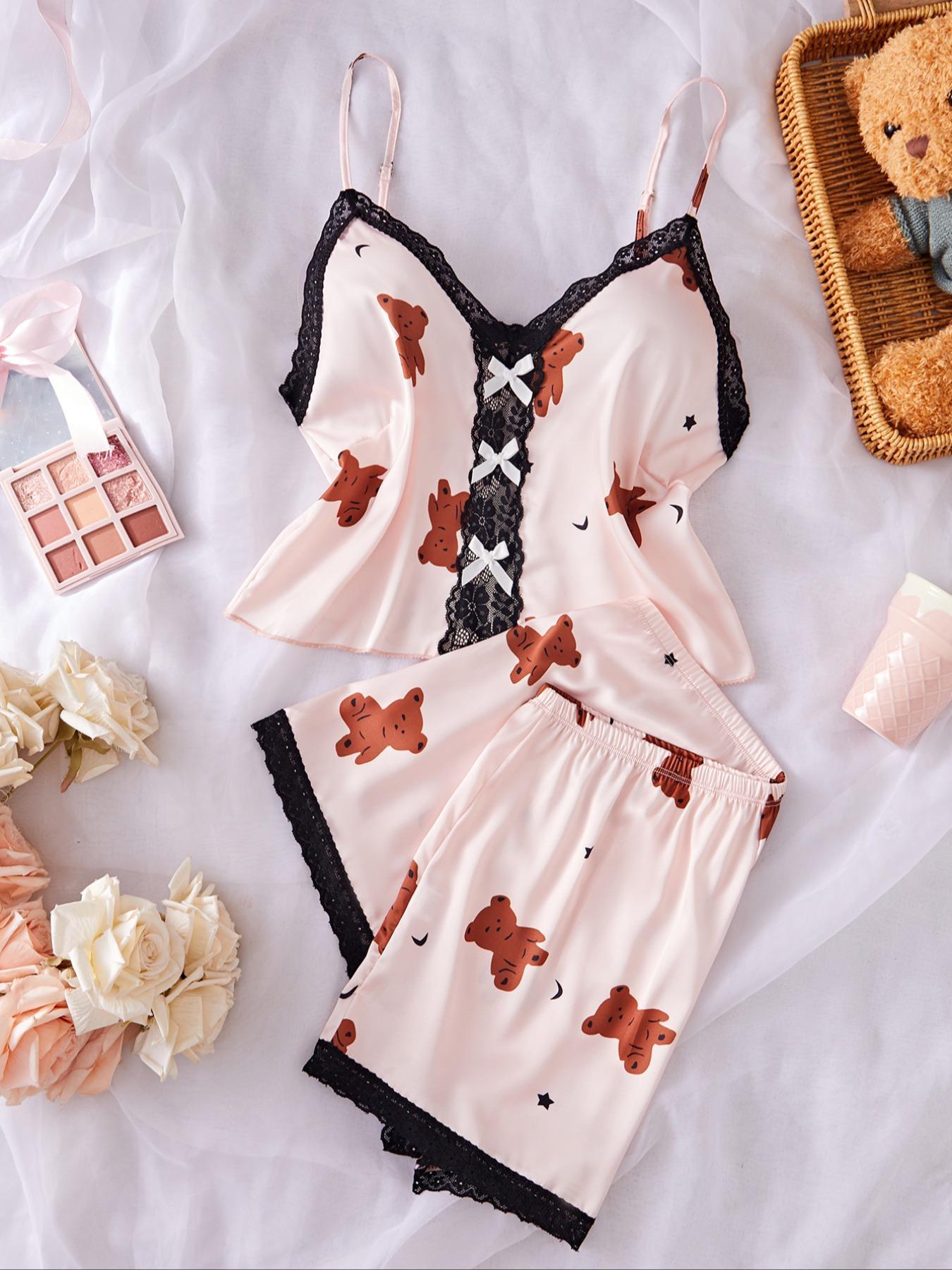 Women's Bow Decor Contrast Lace Spaghetti Strap Cami Top & Elastic Waist Shorts Pyjama, Casual Comfortable Pajama Set for Women, Women's Sleepwear for All Seasons