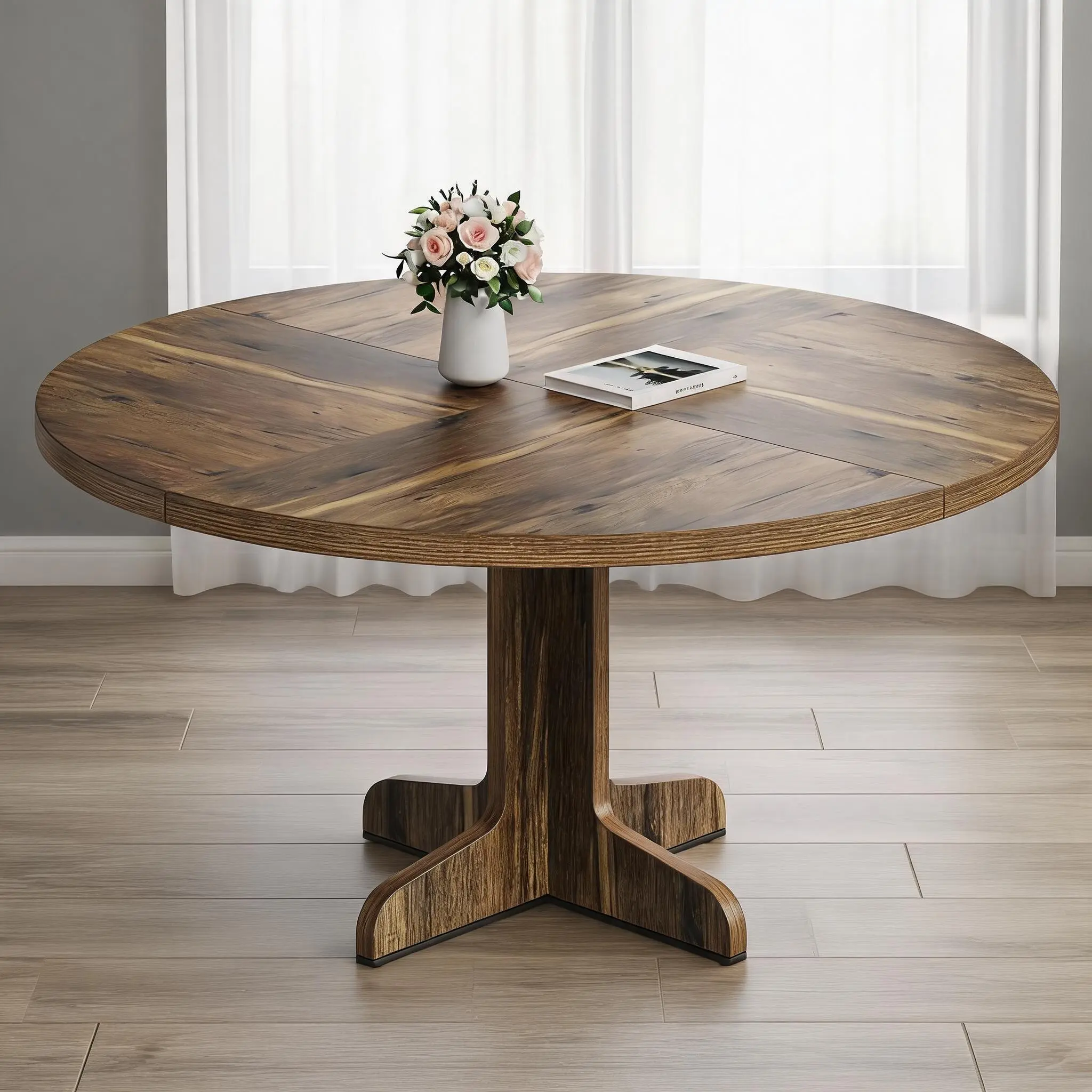 47-Inch Round Dining Table with Curved Legs, MDF, Seats 4-6, Golden Wood and Black