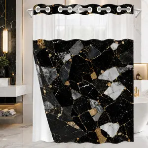 1Pc Hookless Waterproof Shower Curtain, Black Gold Broken Marble Gilded Crack Abstract Print, Quick Dry Mildew Proof Fabric, Removable Snap-in Liner Accessory, Top See-Through Window, Minimalist Luxury Divider Curtain 71×74 Inch