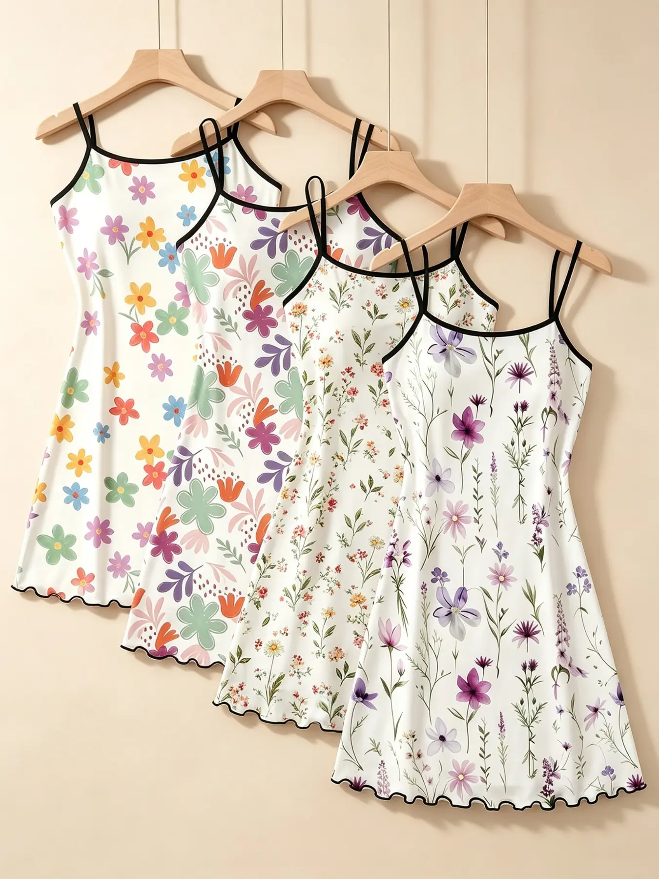Women's Sleepwear 4 Piece Bundle Cottagecore Aesthetic Ditsy Floral Print Summer Lettuce Ruffle Hem Contrast Trim Silky Soft Breathable Lightweight Cami Nightdress, Sleeveless Nightgown, Loungewear Home Sleepover Casual Lounge Wear