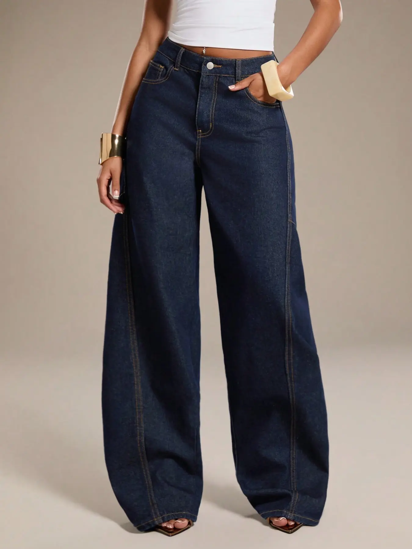 American High Street Original Dark Wash Color Washed Deep Blue Wide Leg Oversized Denim Jeans, Loose Fit, Hidden Line Design, Slimming Effect, Long Pants