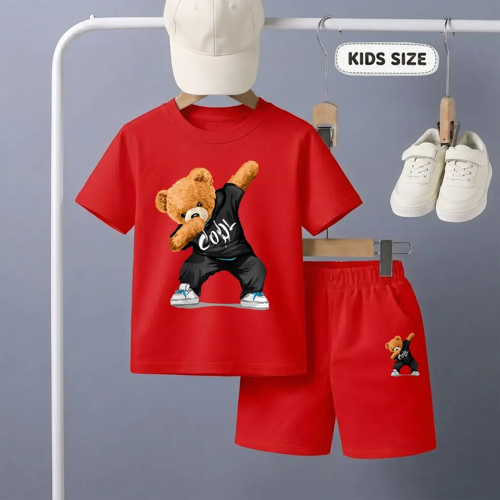Boys’ Cool Bear Printed Design Short Sleeve T-Shirt And Shorts Set, Casual Kids Summer Outfit, Comfortable Crew Neck Clothing Set For Daily Wear And Outdoor Play