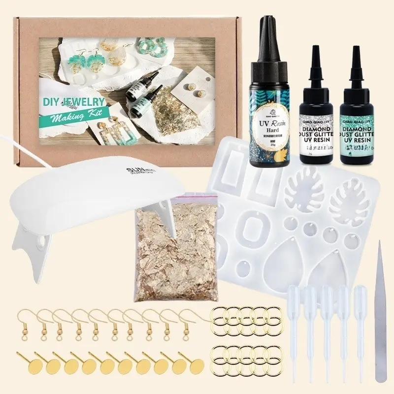 62Pcs Complete UV Resin Jewelry Starter Kit, Including 1bottle 25g Clear uv resin, 2bottles glitter colored uv resin with Light, Silicone Molds and Tool, DIY Resin Starter Kits for earrings, pendants, necklaces