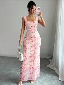 Elegant Floral Long Dress, Square Neck Wide Straps, Mesh Material, Conceals Underboob, Perfect for Soft Atmosphere Look
