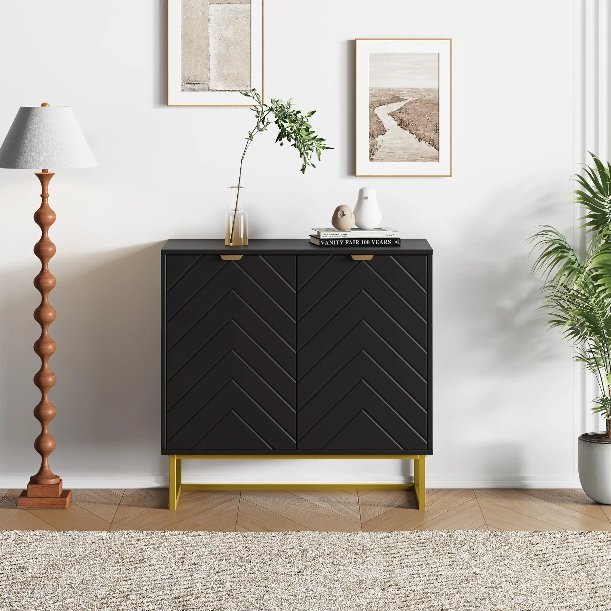 31.5"/46.6" Sideboard Buffet Cabinet, Wood Entryway Coffee Bar Cabinet with Metal Legs, Credenza Console Table, Floor Cupboard Cabinet for Living Room
