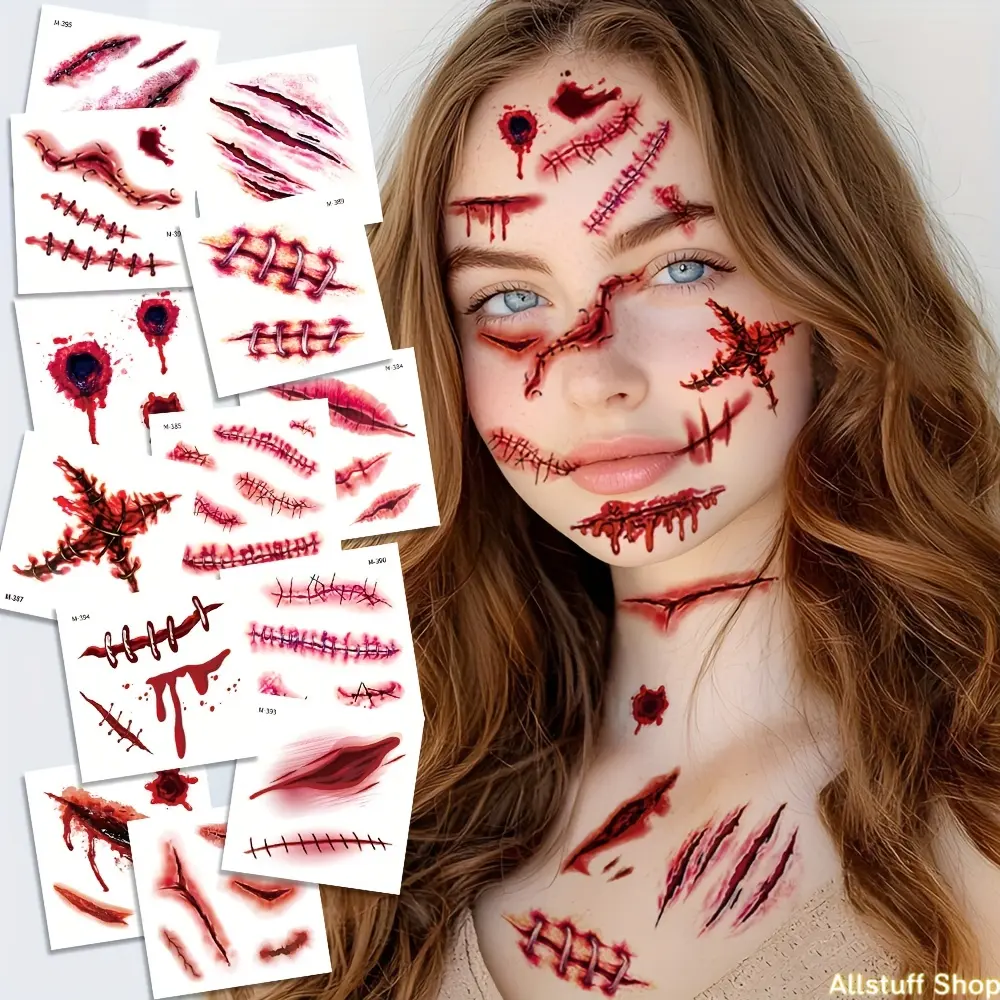 20-Piece Horror Theme Realistic Scars Temporary Tattoos for DIY Bag Accessories, Bloody Fake Wound Stitch Scabs, Easy Application & Removal, Body Face Prank Makeup, Halloween Party Favors for Adults