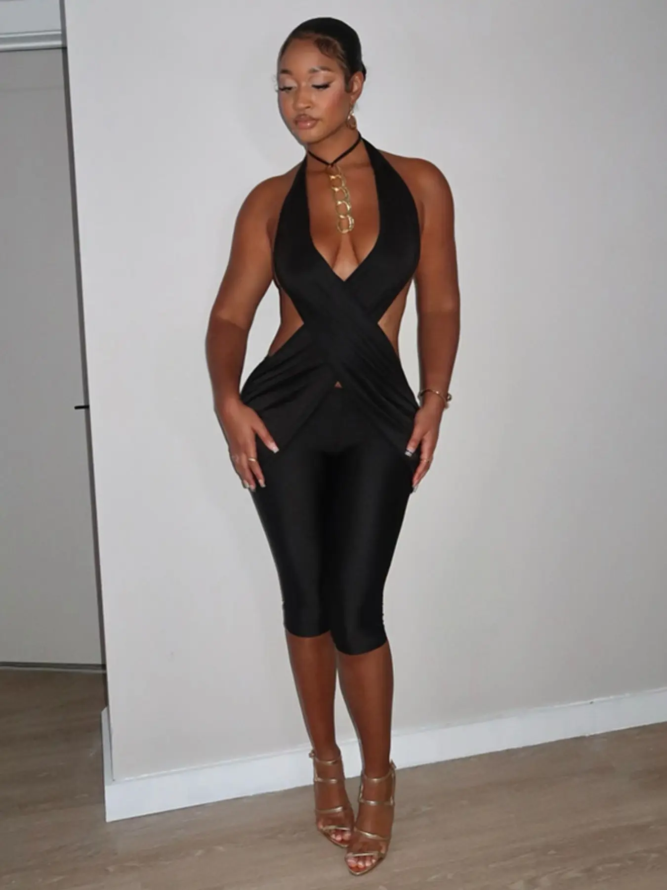 Women's Sexy Halter Neck Sleeveless Romper, Butt Flap Cut Out Side Tie Front Jumpsuit, High Waisted Stretchy Club Going Out Loungewear For Women