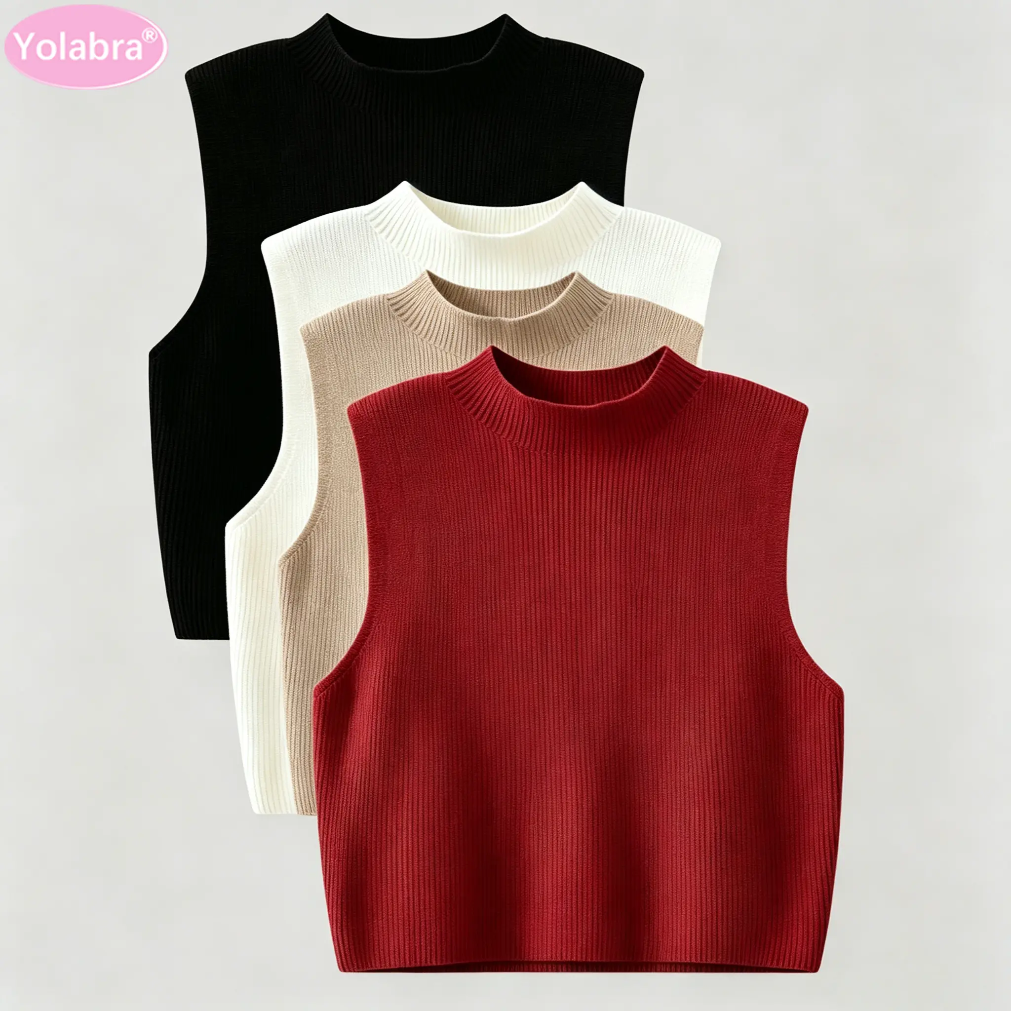 Yolabra Women Semi High Neck Vest Sleeveless Knitted Sweater Slim Fit Soft Stretch Figure Flattering Daily Multi Size Trendy Knitted Sweater