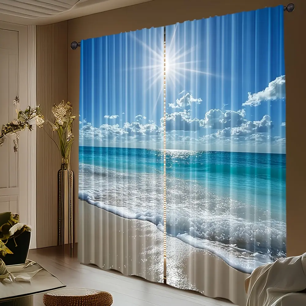 2-piece tropical beach curtain panels - coastal and turquoise ocean design, semi-transparent privacy blackout curtains, easy to hang with pocket top, no required, suitable living room, bedroom, bathroom, terrace - durable polyester decorative curtains, ho