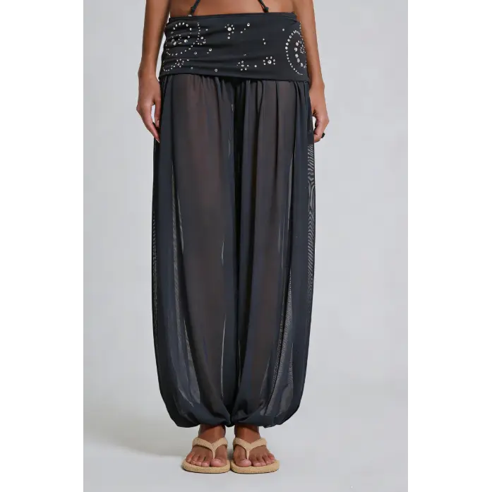 Women's Sheer Harem Pants Studded Adorn Fold Waist Mesh Balloon Pants Loose Fit Perspective Trousers