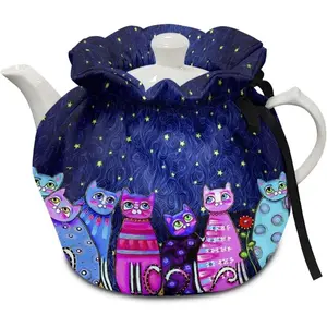 Cute Cat Starry Night Print Cotton Tea Cozy Keep Warm Insulated Teapot Kettle Cover for Home Kitchen Table Decor