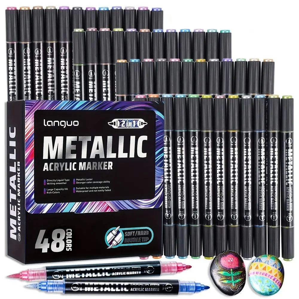 Languo 48PCS Dual-Tip Metallic Acrylic Markers, Fine & Brush Tip Shimmer Paint Pens for Rock, Glass, DIY Craft Projects (Office Stationery Writing Tool)