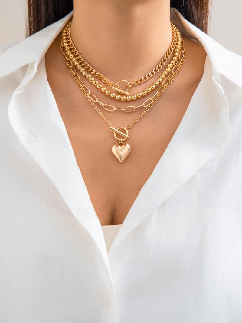 Women's Punk Style Love Heart Necklace & Chain Necklace & Beaded Necklace, Stackable Clavicle Chain, Multilayer Necklace, 4pcs/set Trendy Ot Buckle Design Matching Necklaces, Chic All-match Jewelry As Gift for Girlfriend, Exquisite Jewelry Gift