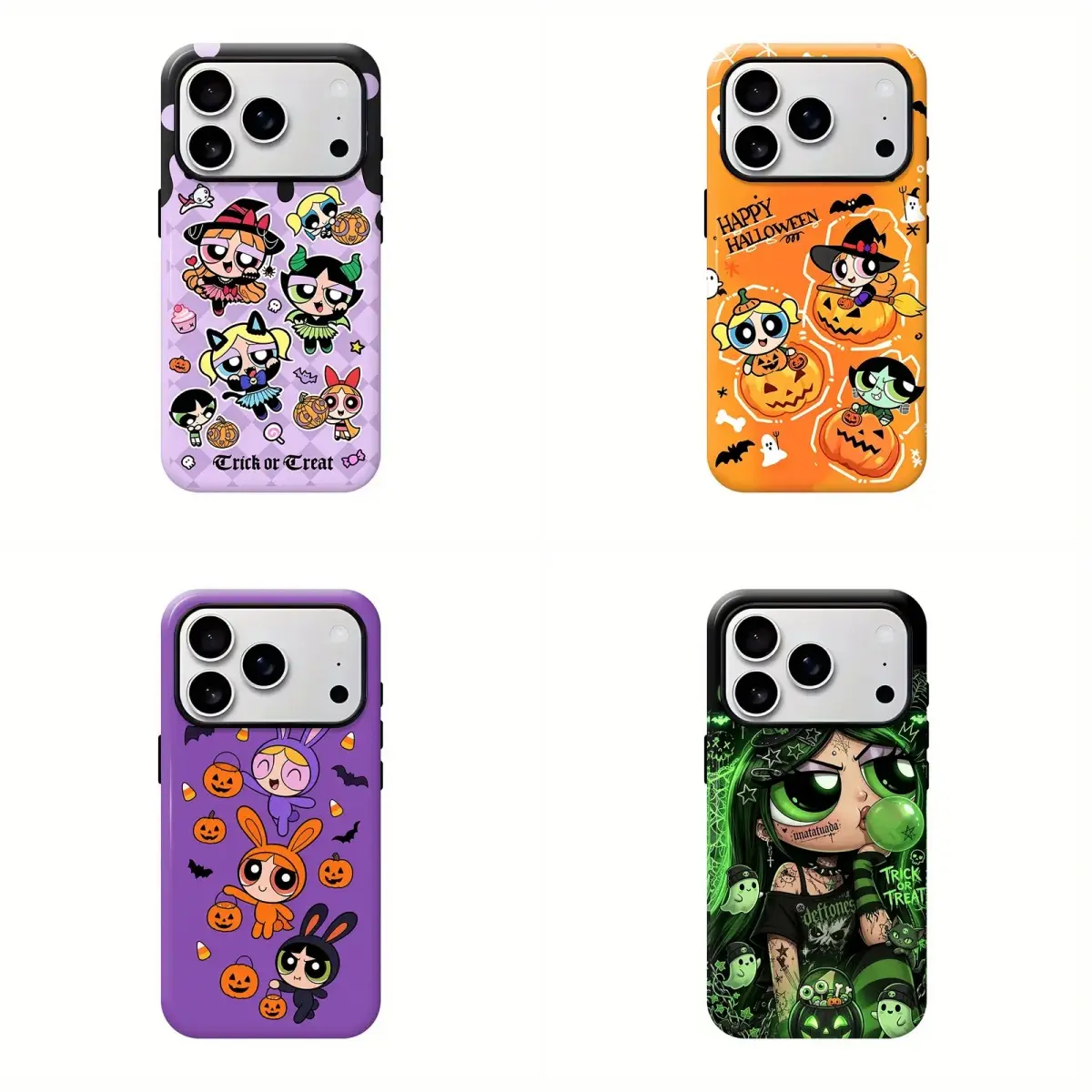 P0werpuff G1rls Halloween Kawaii Phone Case, Spooky Cute Cartoon Collage 2‑in‑1 Film Hard Cover for iPhone 11-17 ProMax/Pro/Plus and for Samsung S21-S26, Drop‑Resistant Phone Accessory, Fun Holiday Gift, Lovely Birthday Gift for Her