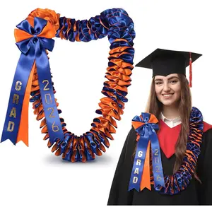 .5 inch Graduation Leis Class of 2026 Grad Ribbon Leis Double Braided Necklace Hawaiian Flower Garland with Bow for Man Woman Graduation Party Supplies