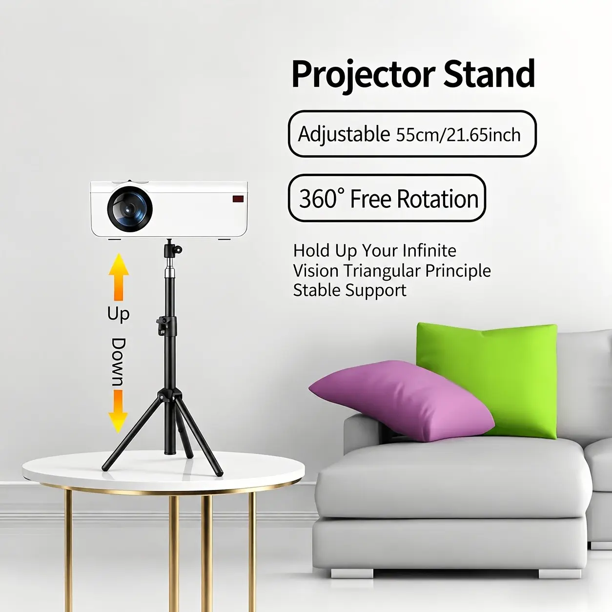 55cm Universal Projector Tripod, Adjustable Height Iron Stand, 1/4 Inch Metal Ball Head, Corrosion-Resistant Accessory, for LCD Projectors, Cameras, Phones